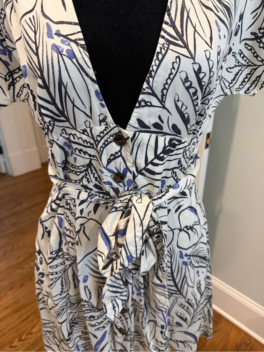 Marine Layer White Mini Dress with Navy & Light Blue Botanical Print